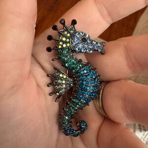 Silver Toned Sea Horse With Mixed Crystal Stones